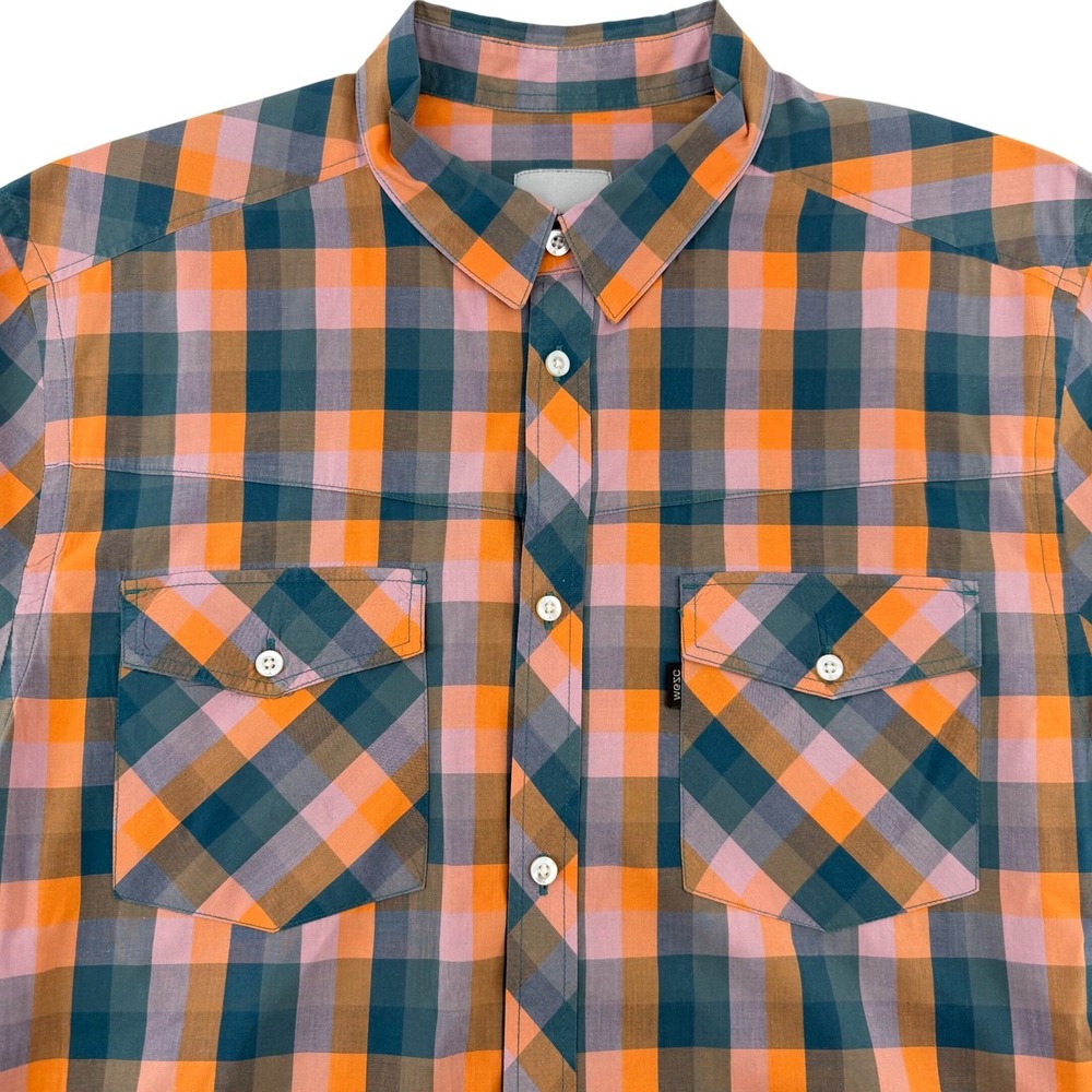 WESC Men's XL Plaid Short Sleeve Button Up Shirt‎ Orange Teal Pink Casual Iconic